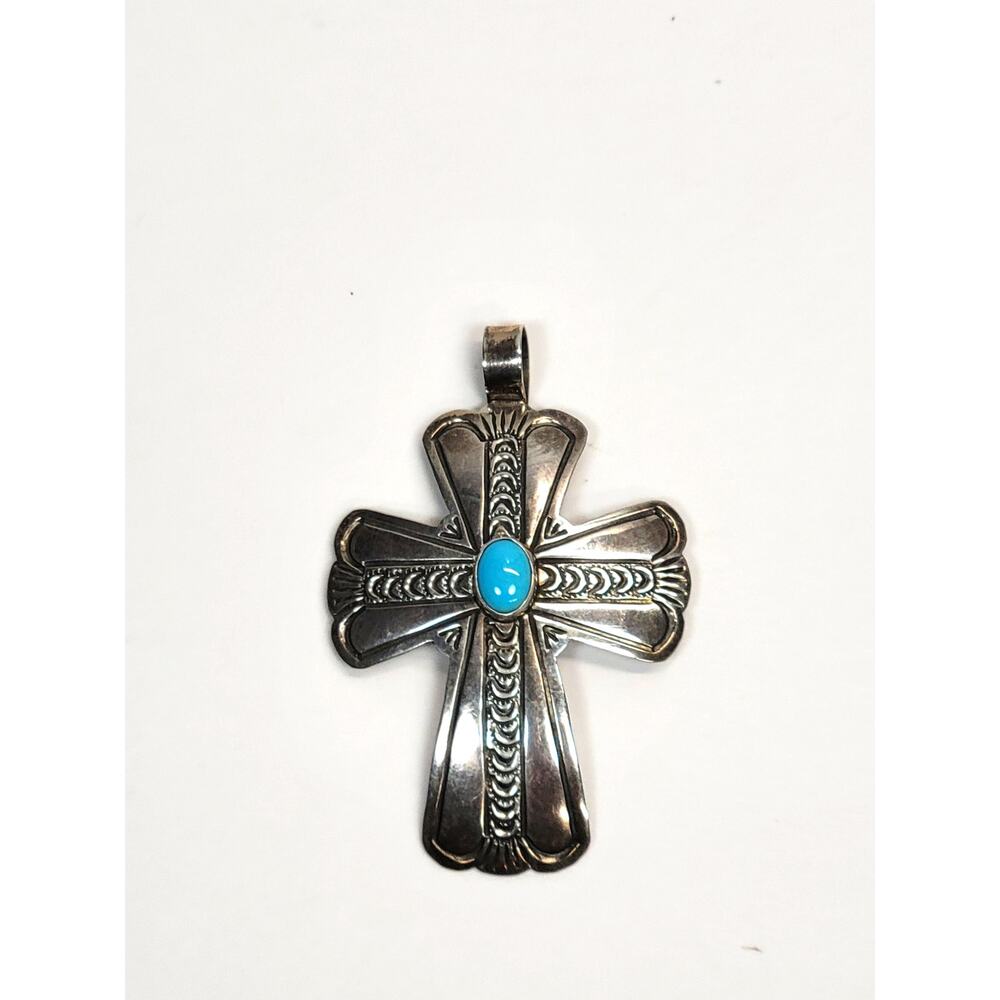 Navajo Arnold Blackgoat Sterling Silver Turquoise Hand Stamped Cross Pendant